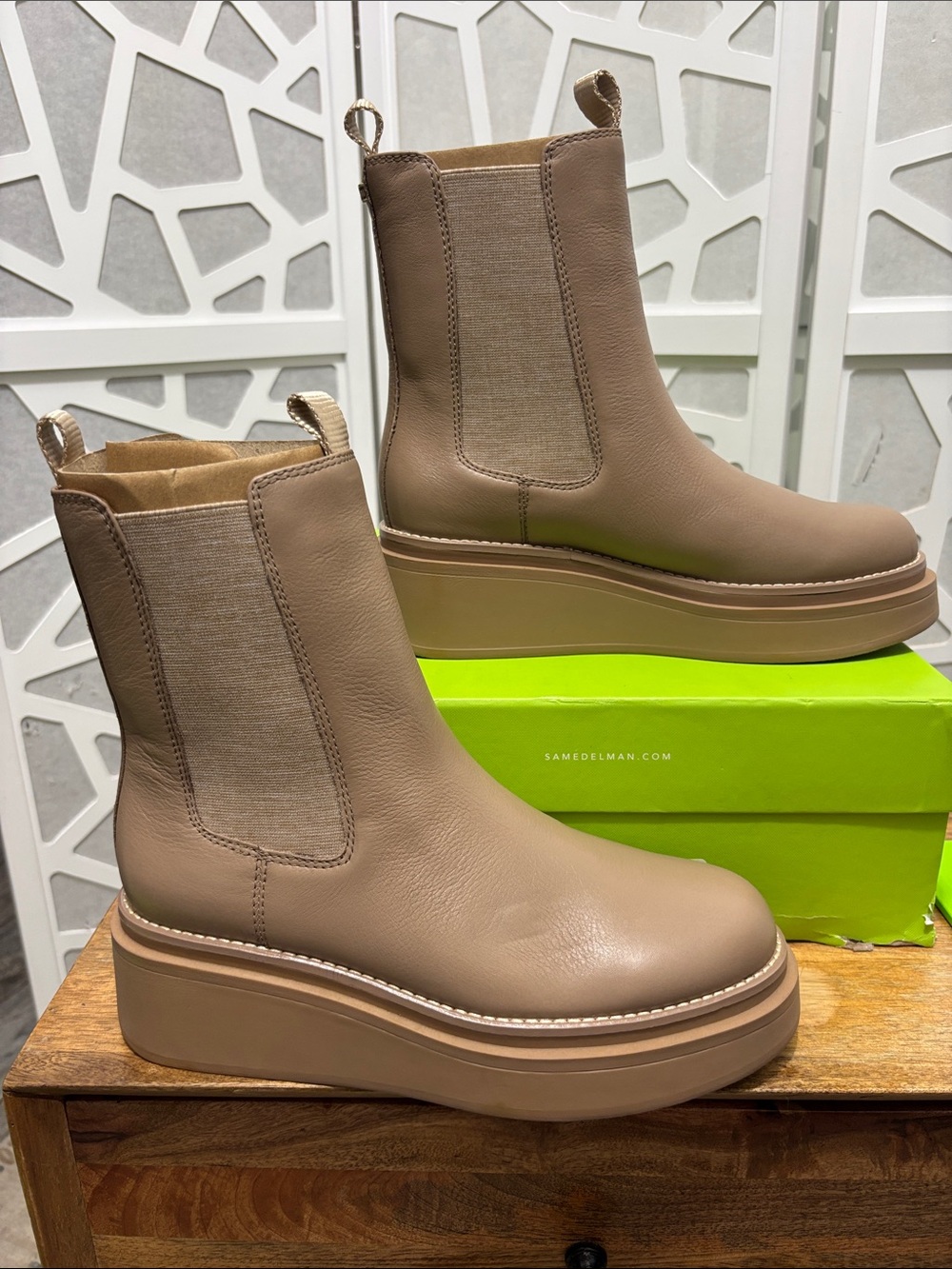 Sam Edelman Taupe Leather Platform Chelsea Booties